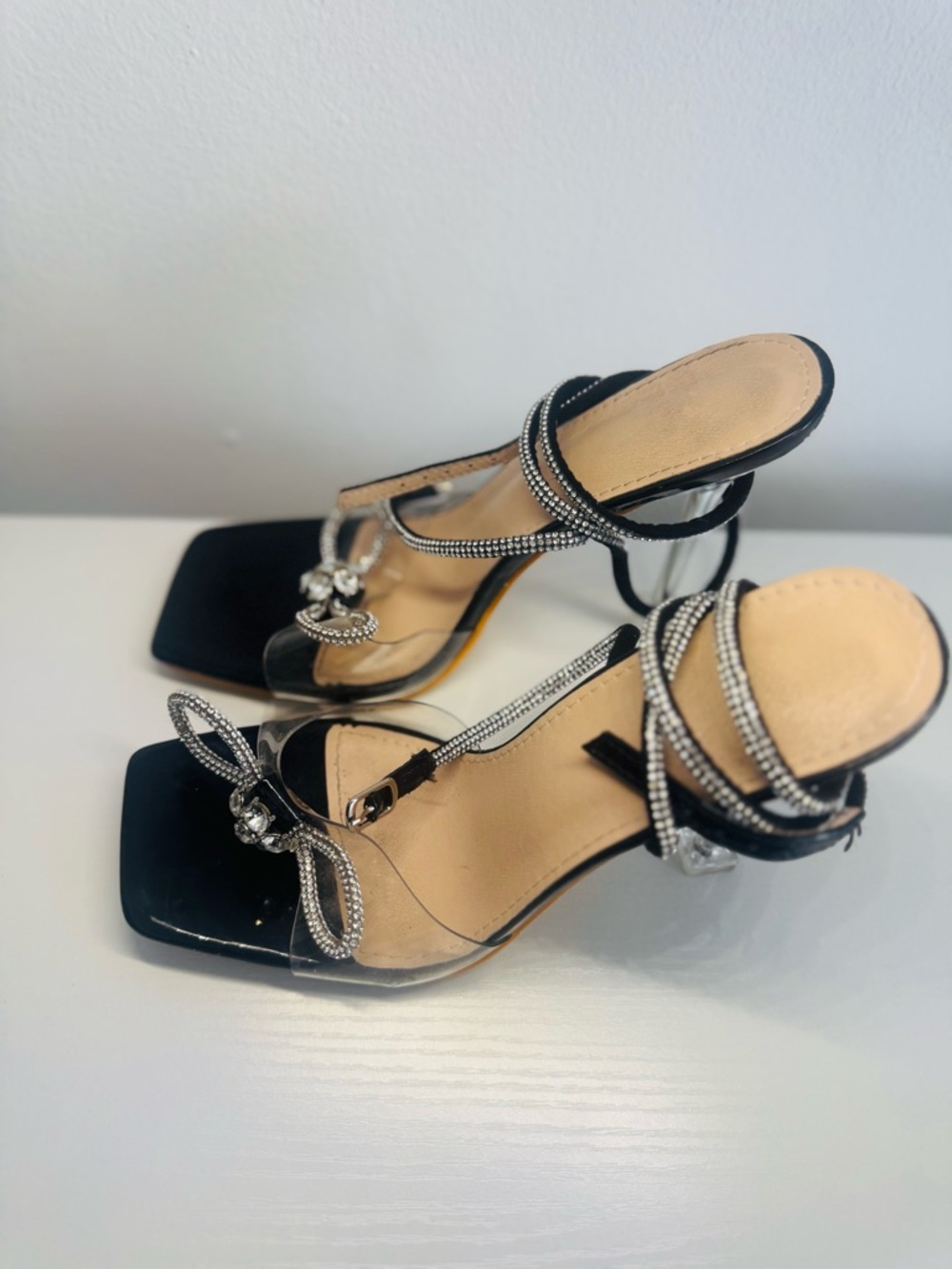 Elegant Black Rhinestone-Strap Women's Heeled Sandals